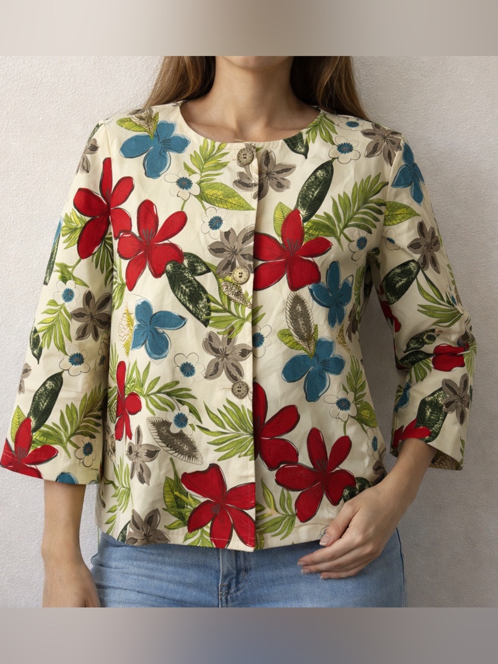 Koret Cream Jacket with Red, Teal & Green Floral Print
